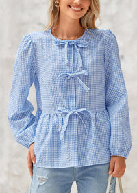 Babydoll Peplum Puff Long Sleeve Bow Tie Front Cute Y2K Blouses
