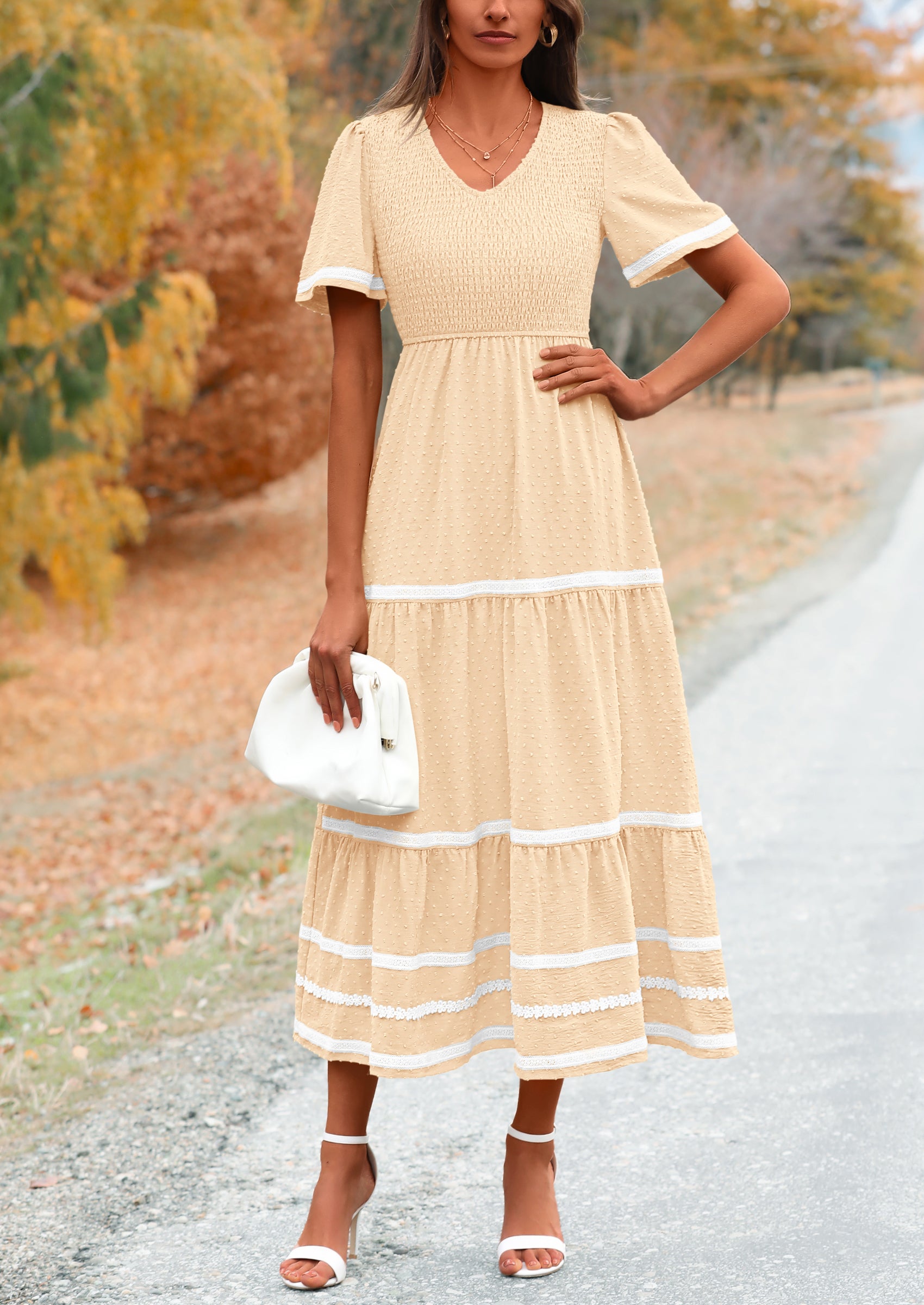 PRETTYGARDEN Women's Casual Summer Maxi Dress Short Sleeve Swiss Dot V Neck Smocked Long Flowy Beach Dresses