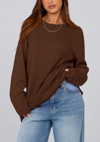 Knit Long Sleeve Crew Neck Split Hem Loose Oversized Tunic Sweaters