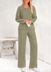 Knitted Long Sleeved V-Neck Pullover, Wide Leg Long Pants Two-Piece Set