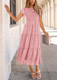 Floral  Summer Cap Sleeve Smocked Ruffle A Line Long Flowy Wedding Guest Midi Dresses
