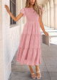 Floral  Summer Cap Sleeve Smocked Ruffle A Line Long Flowy Wedding Guest Midi Dresses