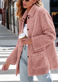 Long Sleeve Lapel Button Down Pockets Fleece Faux Fur Coats