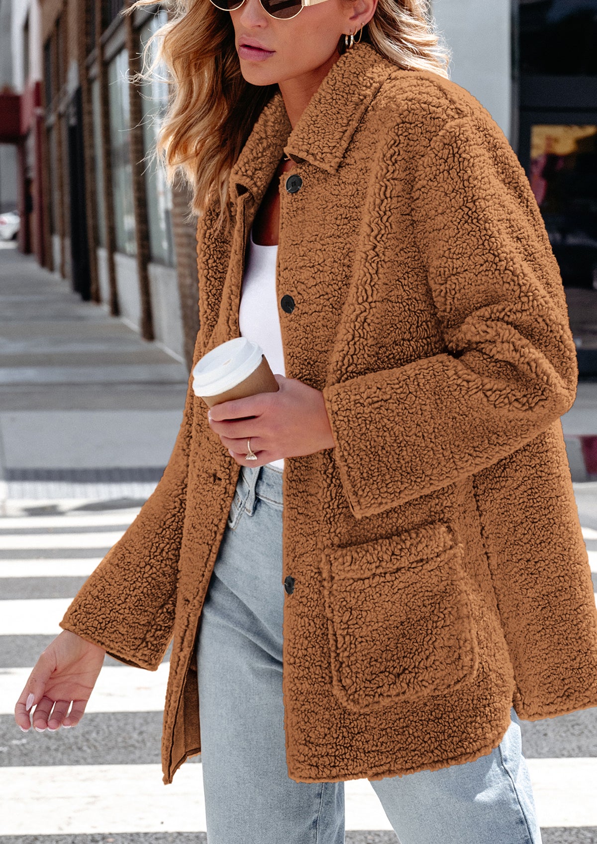 Long Sleeve Lapel Button Down Pockets Fleece Faux Fur Coats