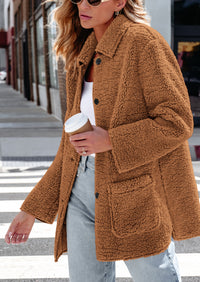 Long Sleeve Lapel Button Down Pockets Fleece Faux Fur Coats