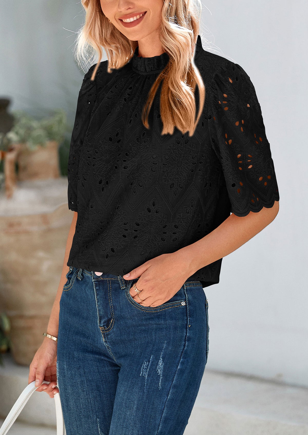 Short Sleeve Eyelet Embroidered Dressy Casual Blouse