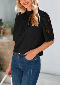 Short Sleeve Eyelet Embroidered Dressy Casual Blouse