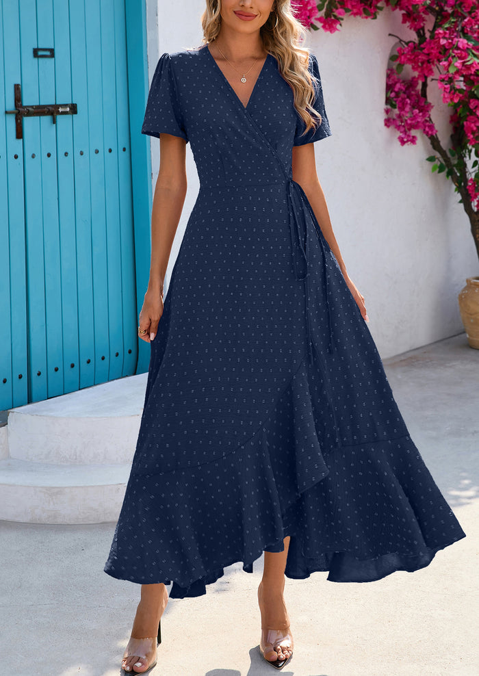 Leisure Bohemian Flower V-Neck Short Sleeved Ruffled Beach Long Skirt