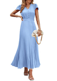 Casual Button V Neck Ruffle Cap Sleeve Long Flowy Pleated Maxi Dresses