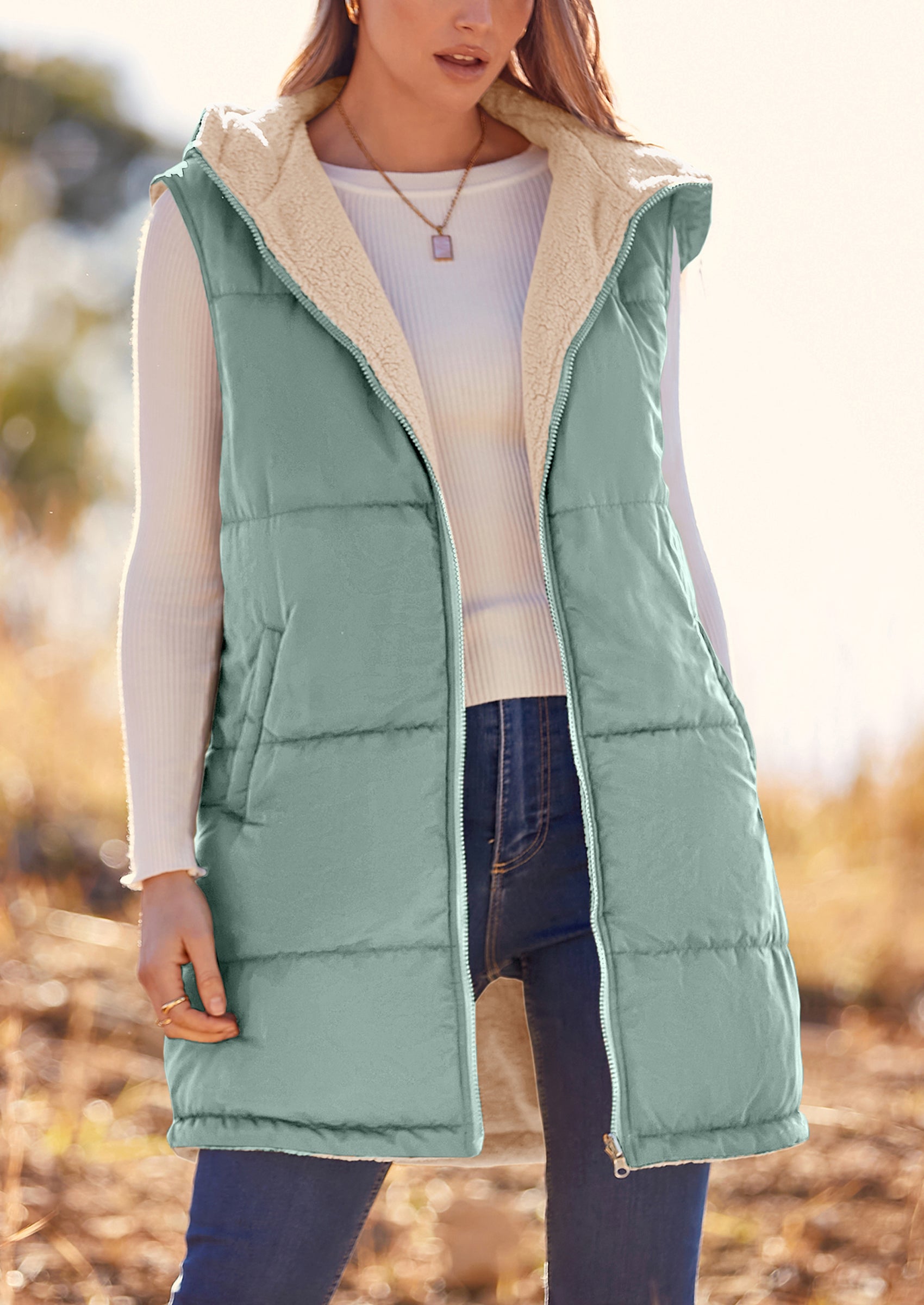 PRETTYGARDEN Womens Fall Reversible Vests Sleeveless Fleece Jacket Zip Up Hoodie Pockets Long Warm Winter Coat Outerwear