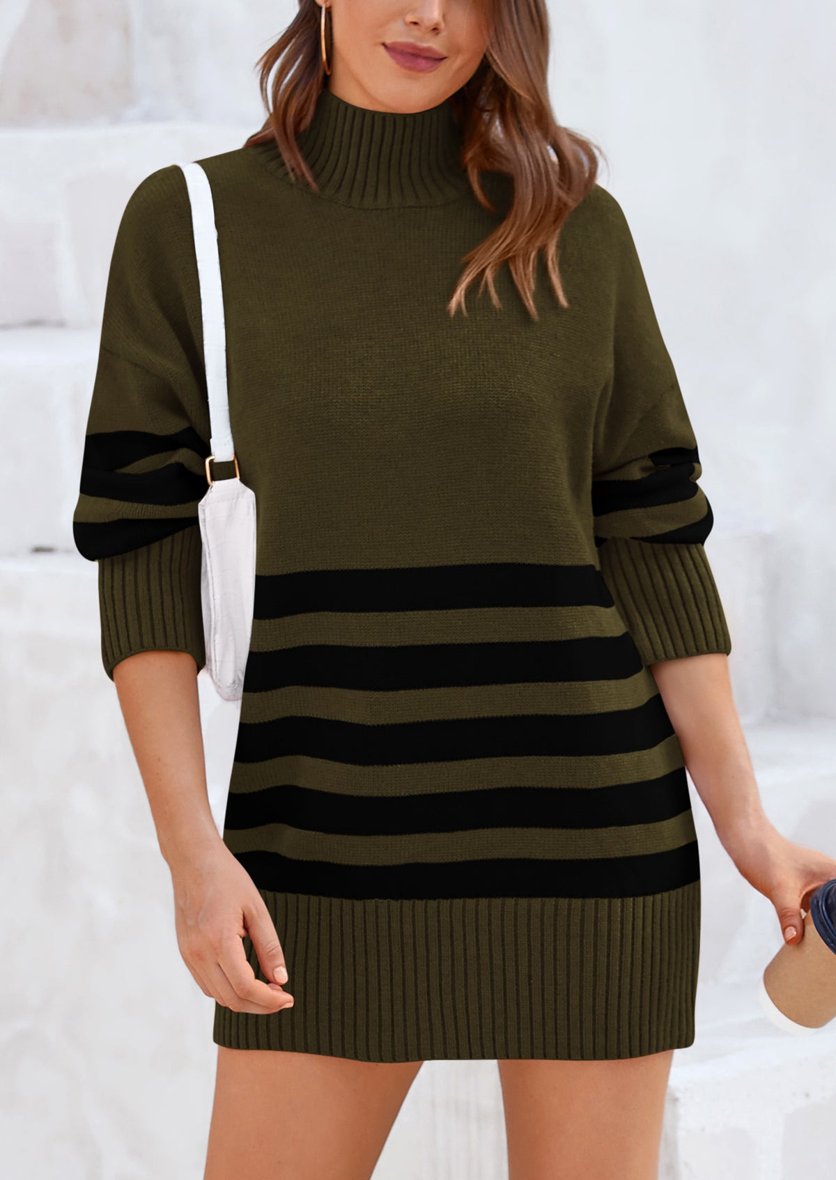Striped Turtleneck Long Sleeve Loose Fit Chunky Knit Casual Mini Sweater Dresses