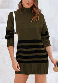 Striped Turtleneck Long Sleeve Loose Fit Chunky Knit Casual Mini Sweater Dresses