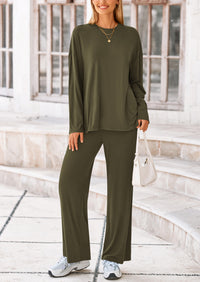 Long Sleeve High Low Tops T-Shirts Wide Leg Pants Two Piece Sets