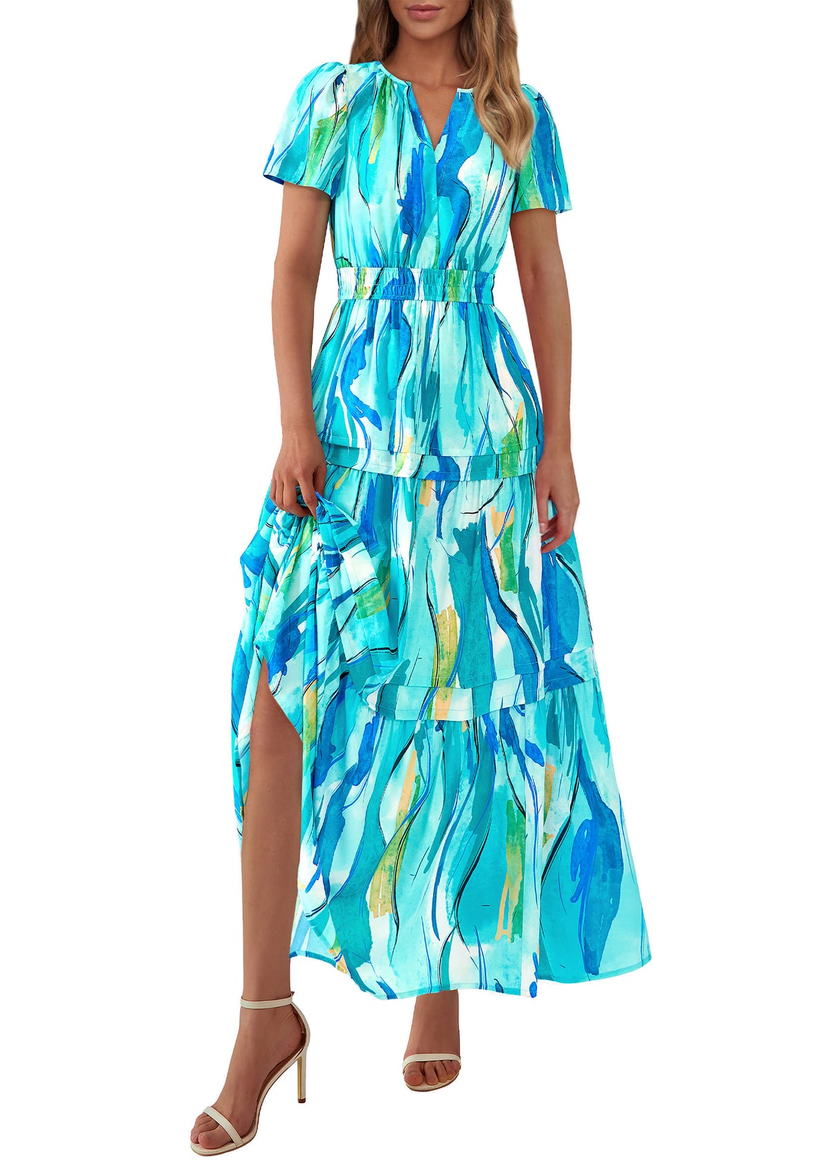 Boho Floral Short Sleeve V Neck A Line Tiered Ruffle Flowy Long Beach Vacation Maxi Dresses