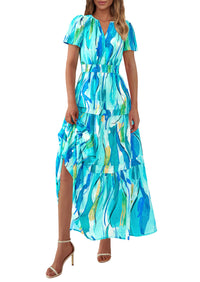 Boho Floral Short Sleeve V Neck A Line Tiered Ruffle Flowy Long Beach Vacation Maxi Dresses