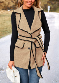Tweed Sleeveless Lapel Button Front Belt Color Block Vest Jackets