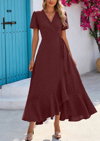 Leisure Bohemian Flower V-Neck Short Sleeved Ruffled Beach Long Skirt