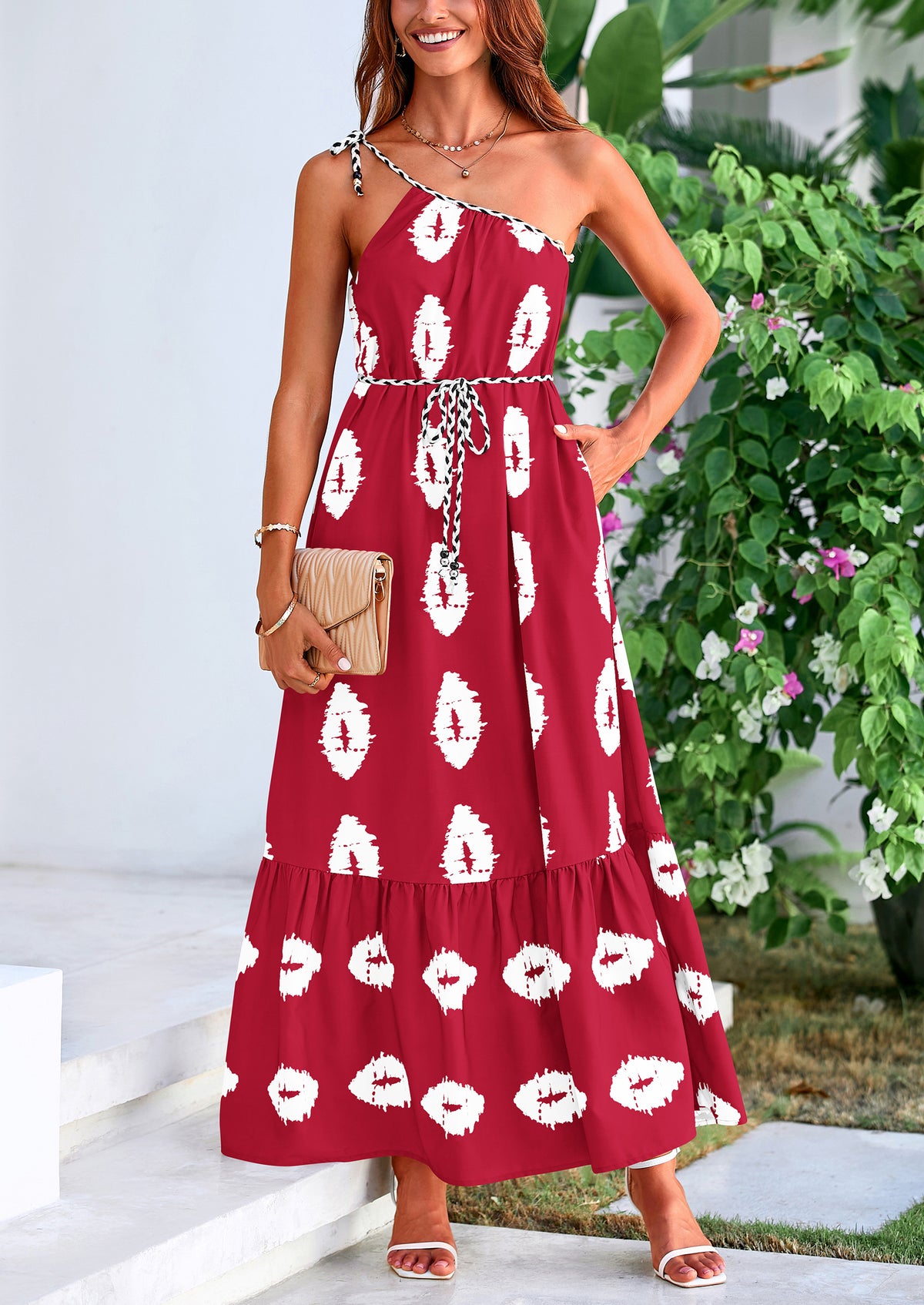 One Shoulder Spaghetti Strap Printed A Line Flowy Boho Maxi Long Sundress
