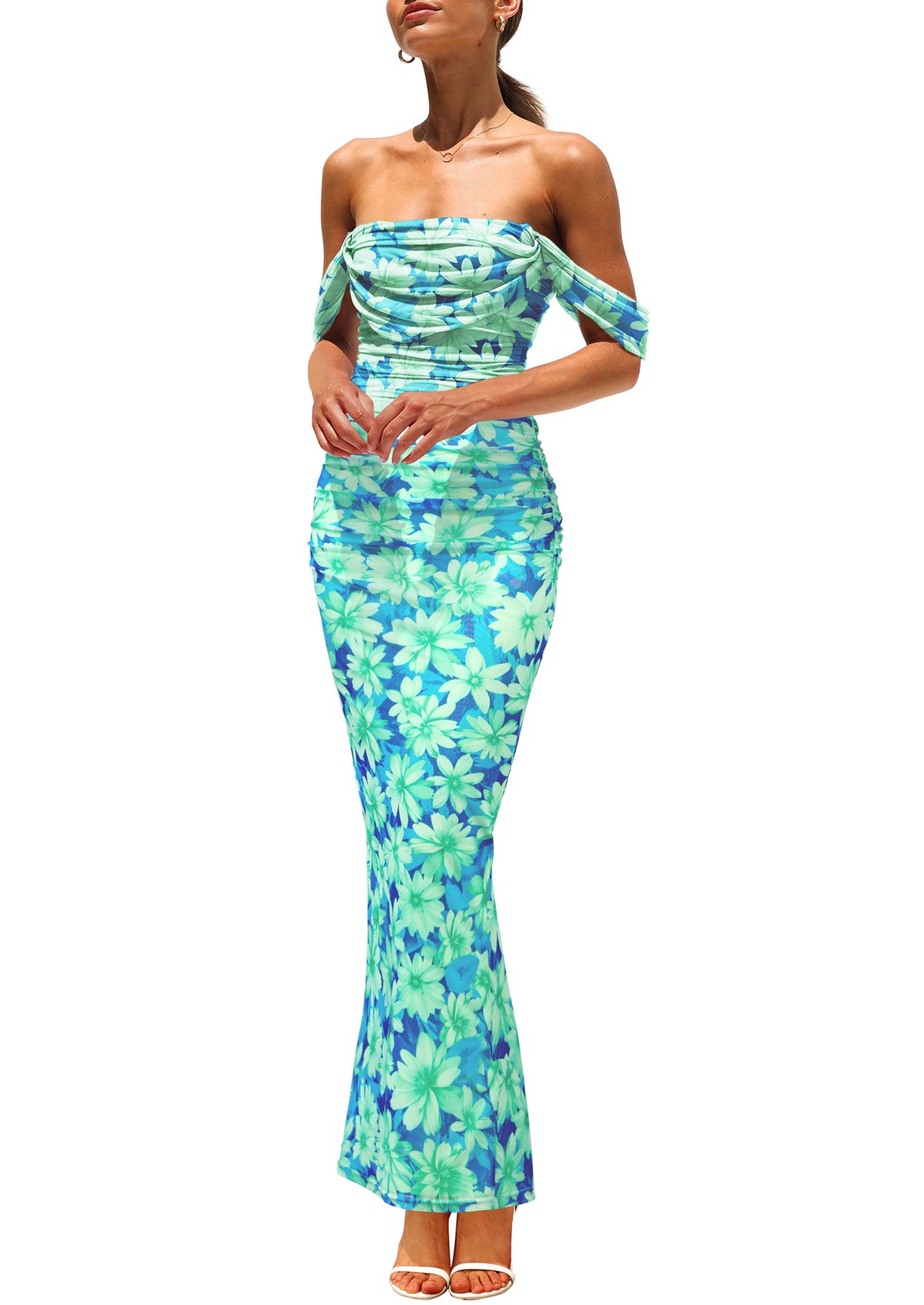 Ruched Bodycon Off Shoulder Floral Mesh Cocktail Party Fitted Maxi Dress