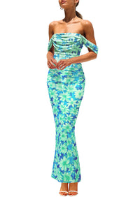 Ruched Bodycon Off Shoulder Floral Mesh Cocktail Party Fitted Maxi Dress