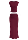 PRETTYGARDEN 2 Piece Sets Going Out Casual Cap Sleeve Crop Tops Ruched Maxi Long Skirts Outfits