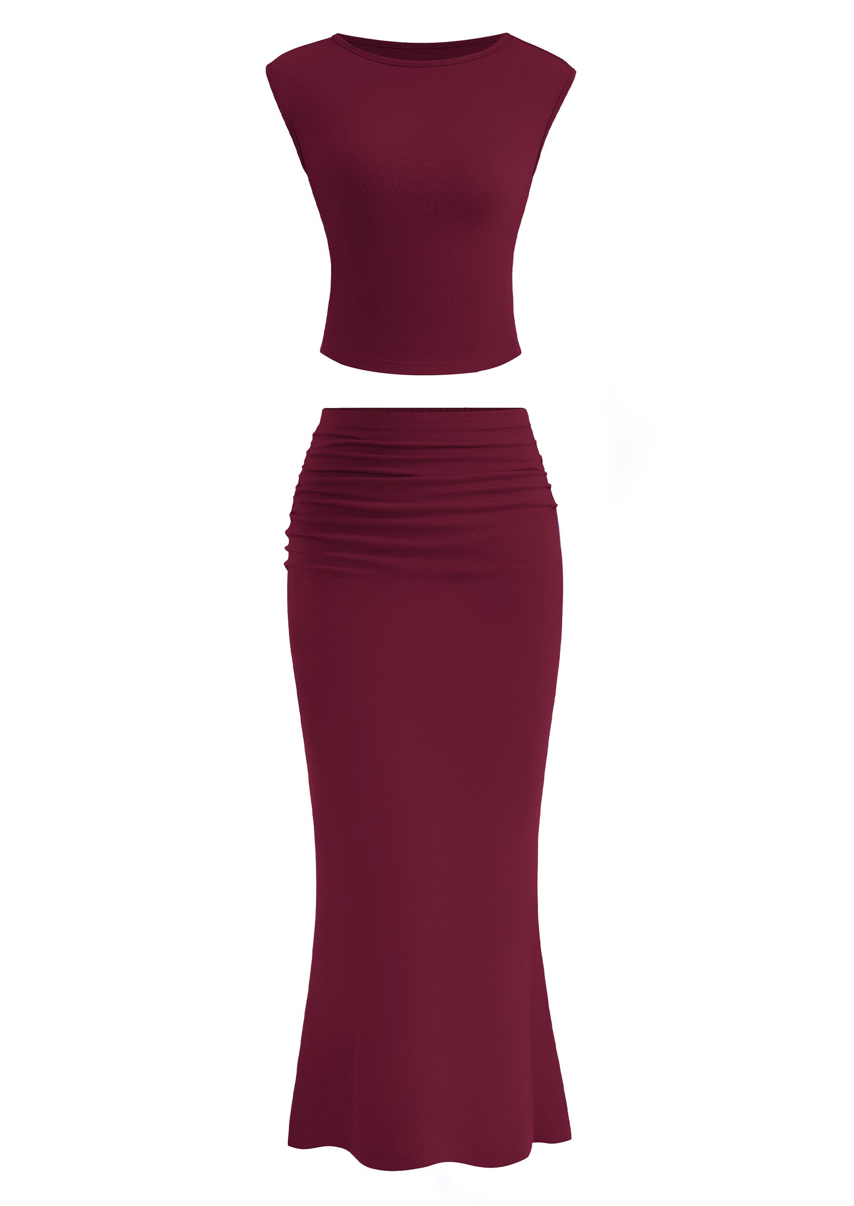 PRETTYGARDEN 2 Piece Sets Going Out Casual Cap Sleeve Crop Tops Ruched Maxi Long Skirts Outfits