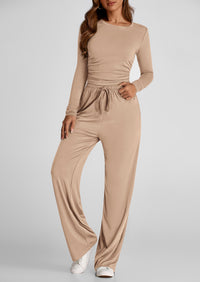 Long Sleeve Crop Tee Wide Leg Pants Two Piece Sets