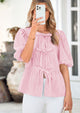 Striped Round Neck Front, Lace Up Bubble Sleeves Tops