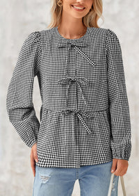 Babydoll Peplum Puff Long Sleeve Bow Tie Front Cute Y2K Blouses