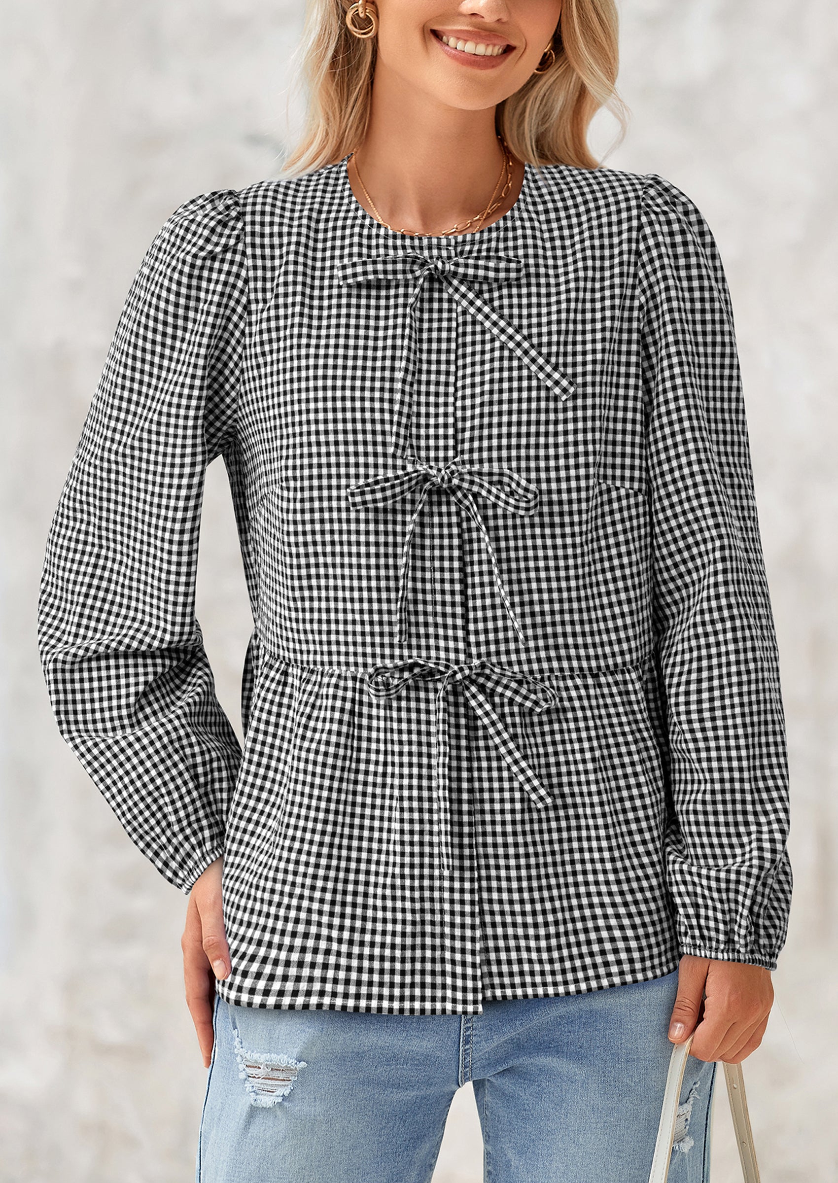 PRETTYGARDEN Women's Spring Fall Babydoll Peplum Blouse Shirt Puff Long Sleeve Bow Tie Front Trendy Cute Y2K Going Out Tops