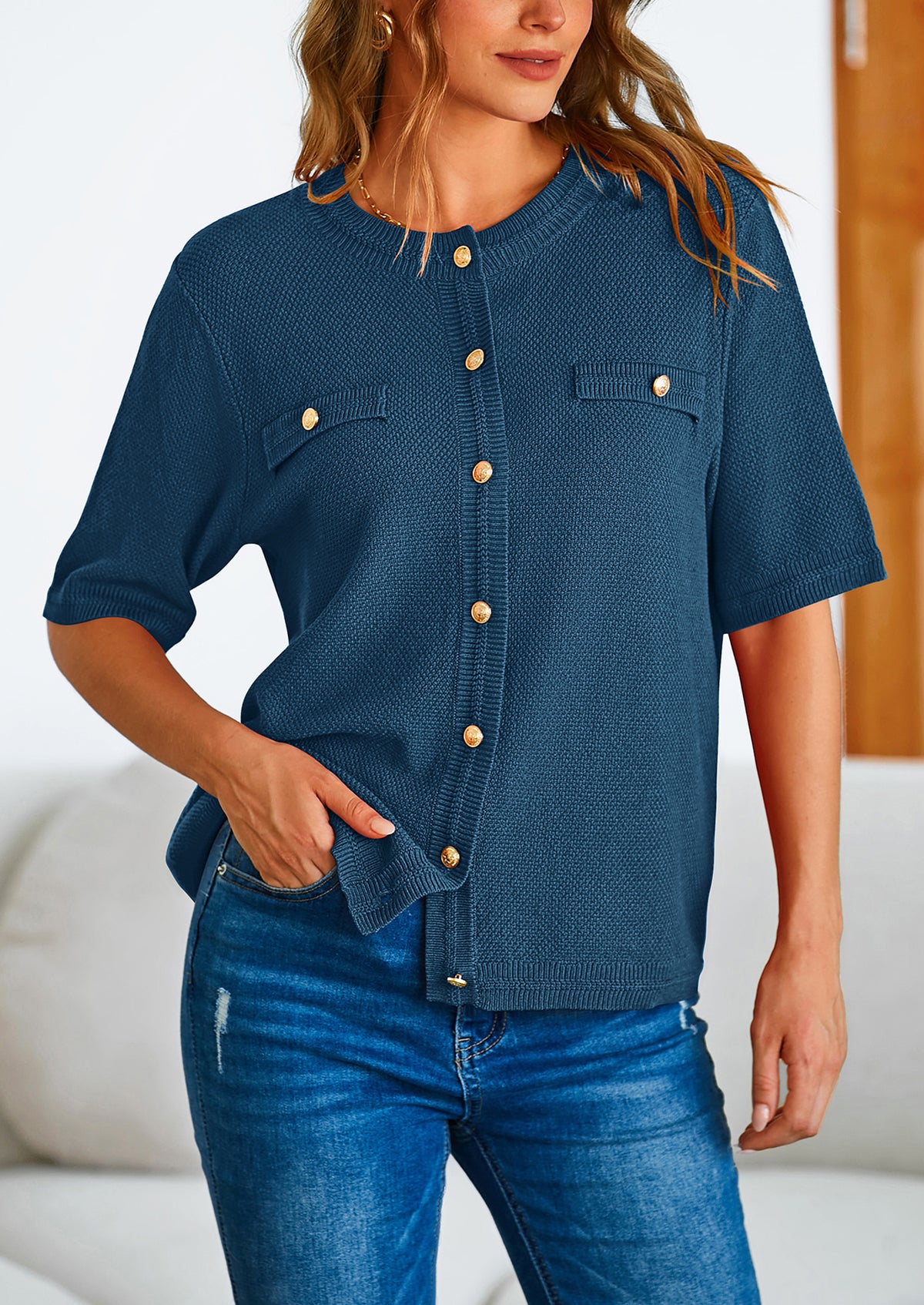 Button Down Casual Short Sleeve Crew Neck Ribbed Knit Shirts