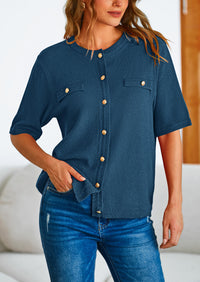 Button Down Casual Short Sleeve Crew Neck Ribbed Knit Shirts
