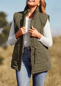 Casual Button Zipper Vest, Drawstring Sleeveless Jacket