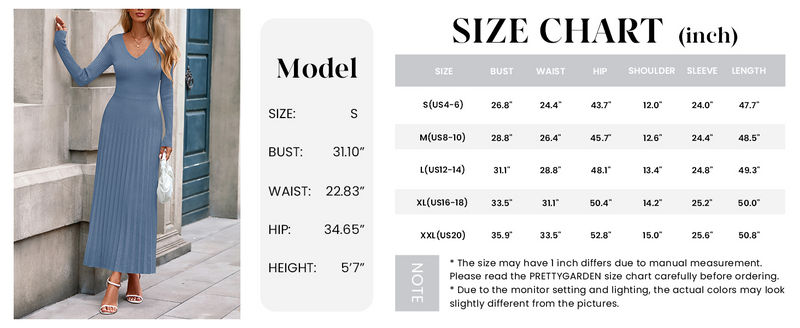 PRETTYGARDEN Women Sweater Dress Fall Fashion Long Sleeve V Neck Ribbed Knit Pleated A Line Elegant Maxi Winter Dresses