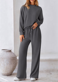 Casual Long Sleeve Pullover Tops and Wide Leg Pants Knitted Two Piece Sets