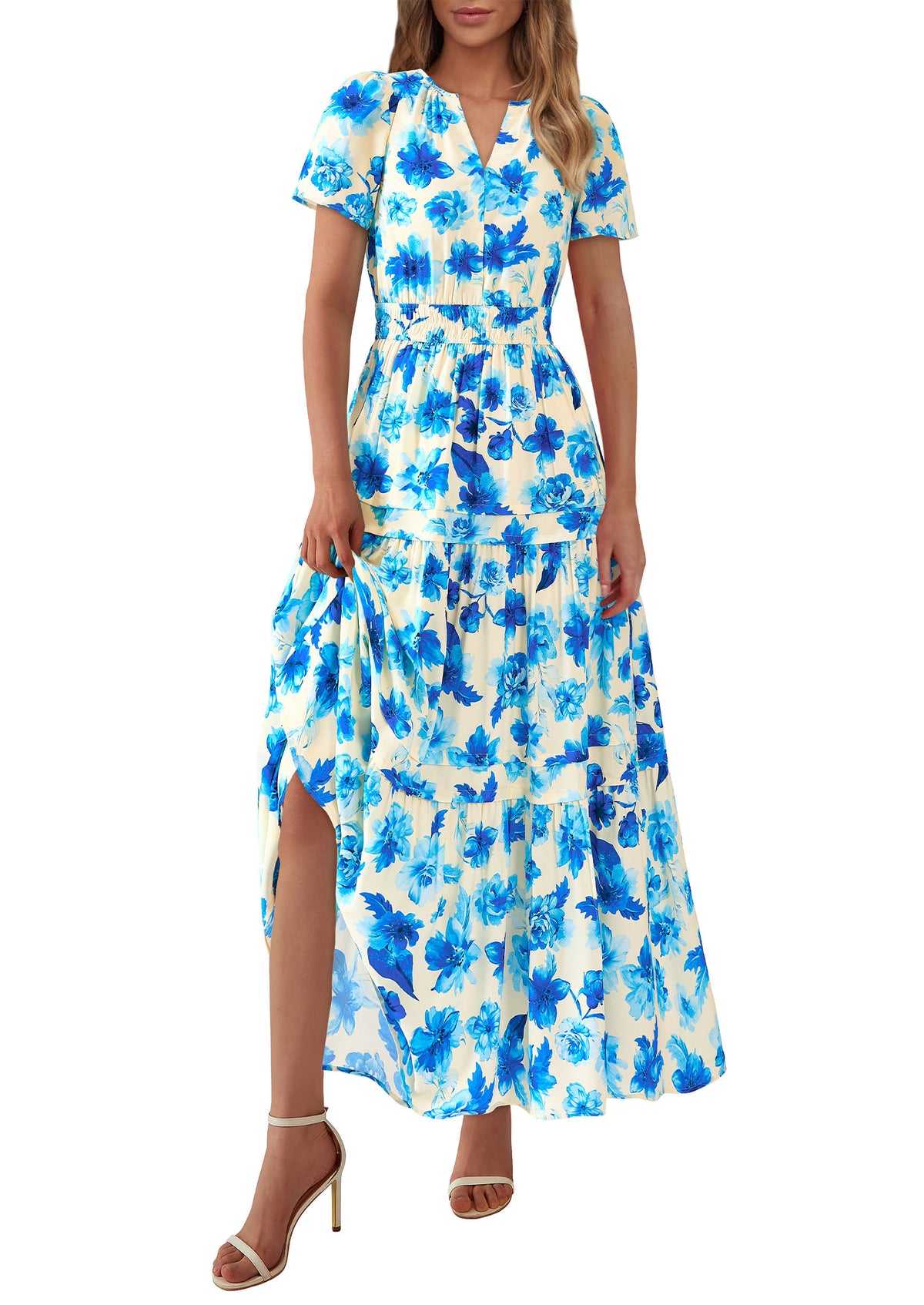 Boho Floral Short Sleeve V Neck A Line Tiered Ruffle Flowy Long Beach Vacation Maxi Dresses