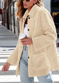 Long Sleeve Lapel Button Down Pockets Fleece Faux Fur Coats