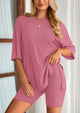 Casual Short Sleeved Round Neck Top Paired With Shorts Two-Piece Set