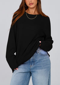Knit Long Sleeve Crew Neck Split Hem Loose Oversized Tunic Sweaters