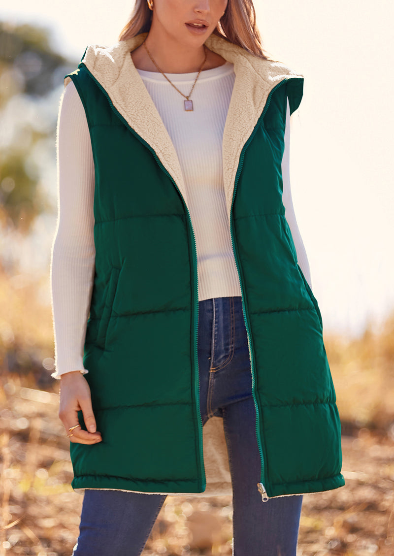 PRETTYGARDEN Womens Fall Reversible Vests Sleeveless Fleece Jacket Zip Up Hoodie Pockets Long Warm Winter Coat Outerwear