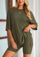 Casual Short Sleeved Round Neck Top Paired With Shorts Two-Piece Set