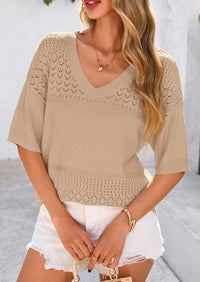 Short Sleeved Casual V-Neck Knitted Small Eye Shirt