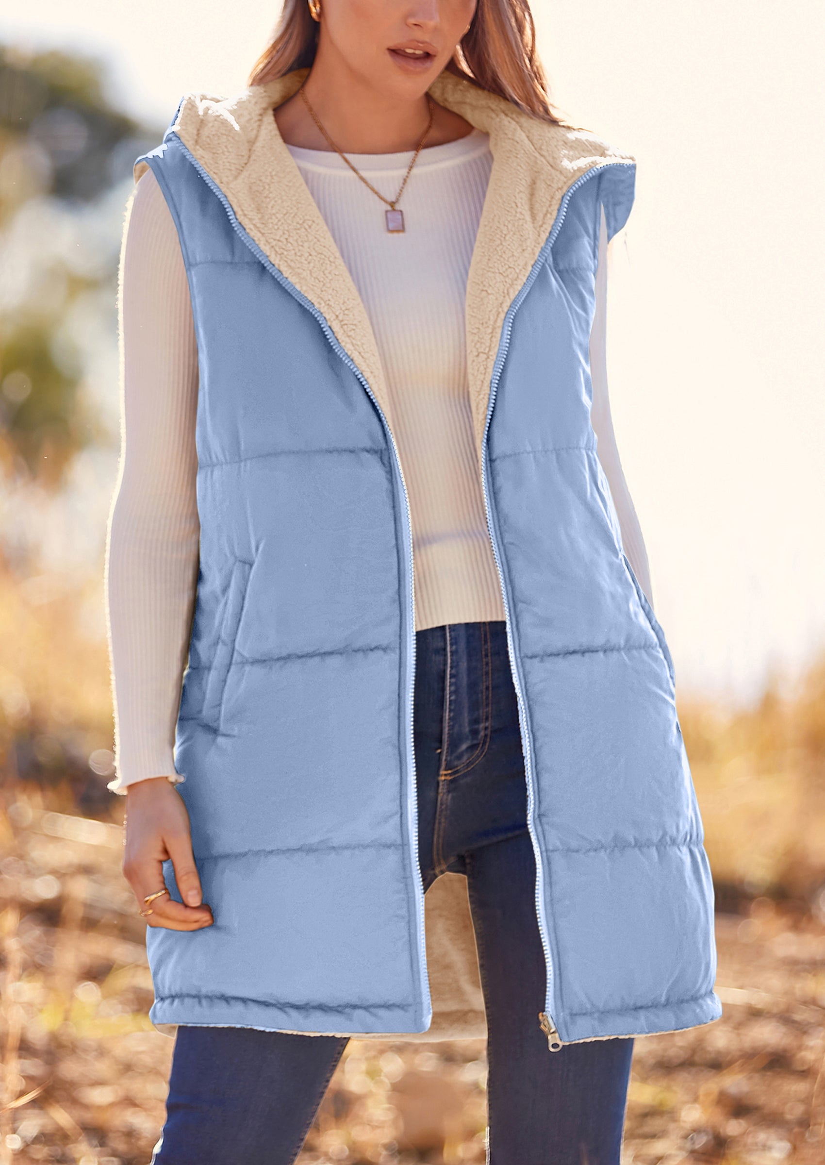 PRETTYGARDEN Womens Fall Reversible Vests Sleeveless Fleece Jacket Zip Up Hoodie Pockets Long Warm Winter Coat Outerwear