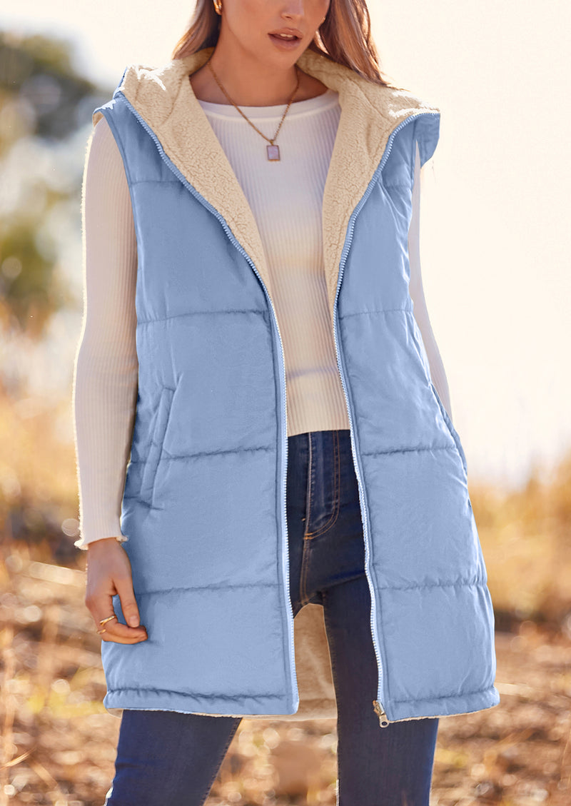 PRETTYGARDEN Womens Fall Reversible Vests Sleeveless Fleece Jacket Zip Up Hoodie Pockets Long Warm Winter Coat Outerwear