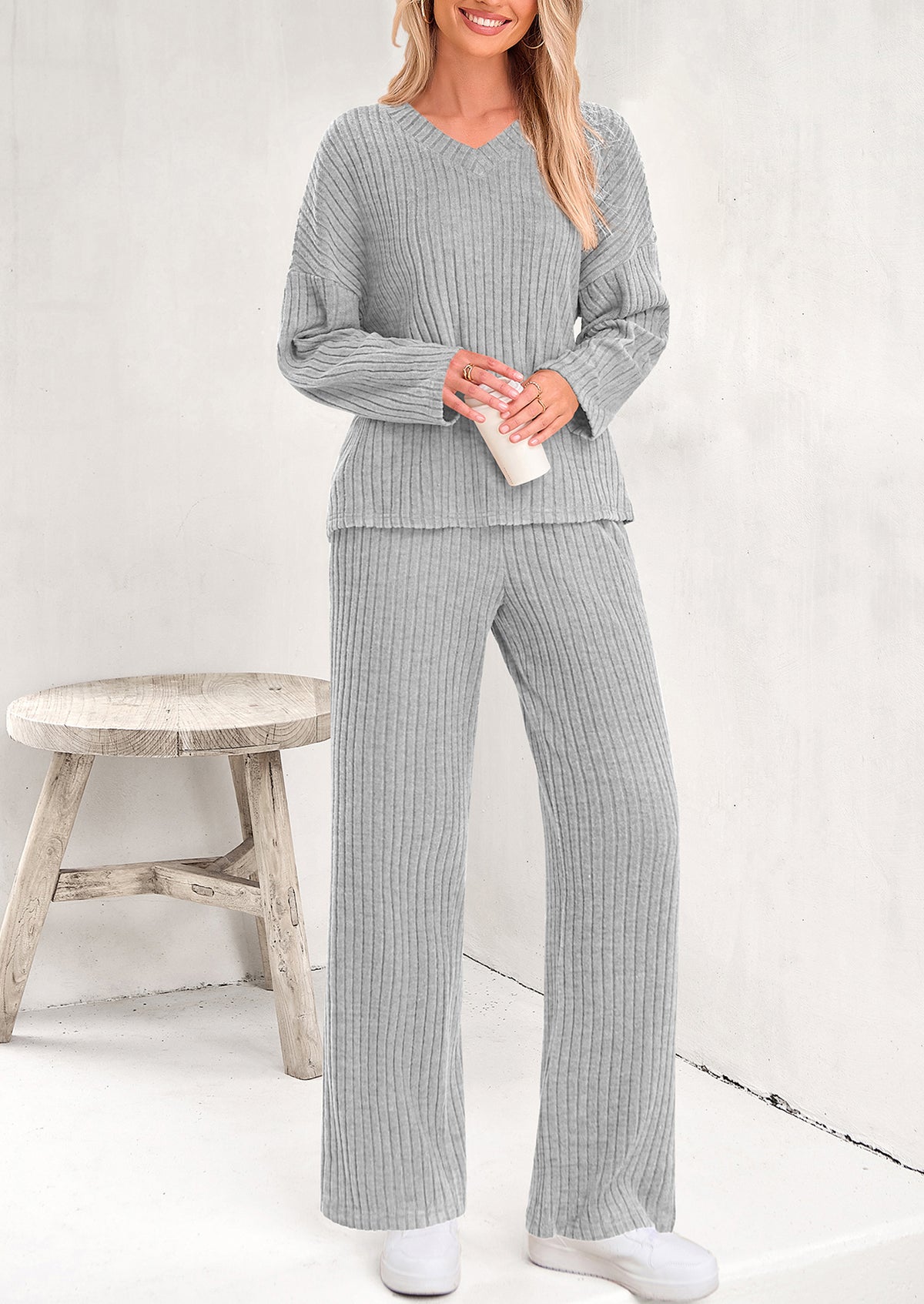 Knitted Long Sleeved V-Neck Pullover, Wide Leg Long Pants Two-Piece Set