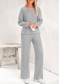 Knitted Long Sleeved V-Neck Pullover, Wide Leg Long Pants Two-Piece Set