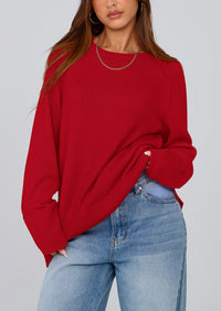 Knit Long Sleeve Crew Neck Split Hem Loose Oversized Tunic Sweaters