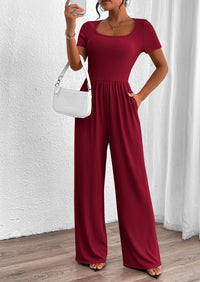 Casual Short Sleeve Square Neck Wide Leg Jumpsuits