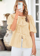 Striped Round Neck Front, Lace Up Bubble Sleeves Tops