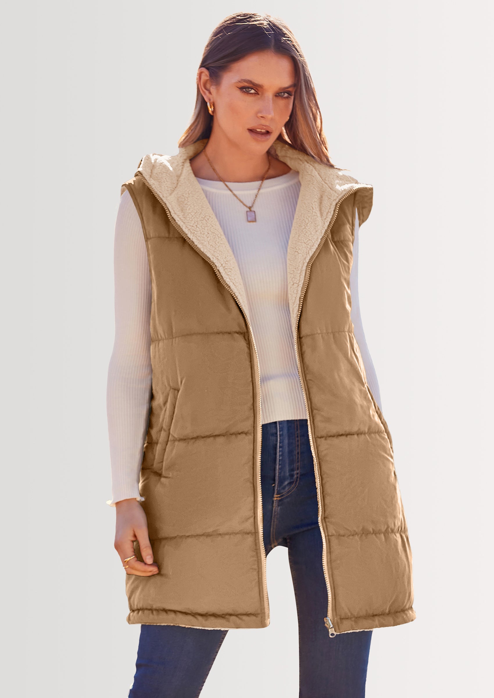 PRETTYGARDEN Womens Fall Reversible Vests Sleeveless Fleece Jacket Zip Up Hoodie Pockets Long Warm Winter Coat Outerwear